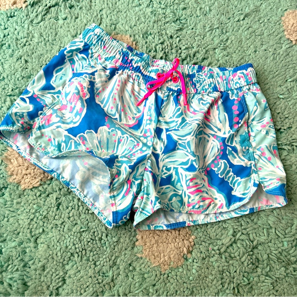 Lilly Pulitzer Board Shorts Pull On Pink Aqua Blue Surf Swim Beach XS Luxletic